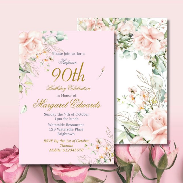Invitación 90.º cumpleaños elegante de Rosas florales de oro  (Subido por el creador)