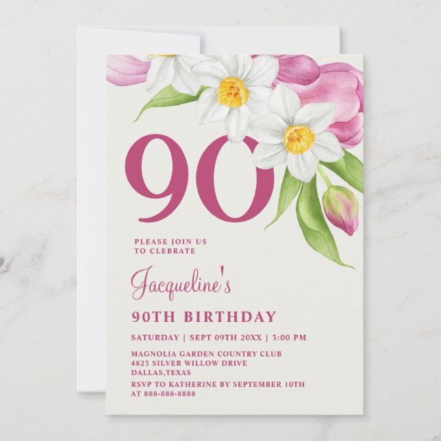 Invitación 90.º Cumpleaños Elegante Elegante Y Moderno Rosa F (Anverso)