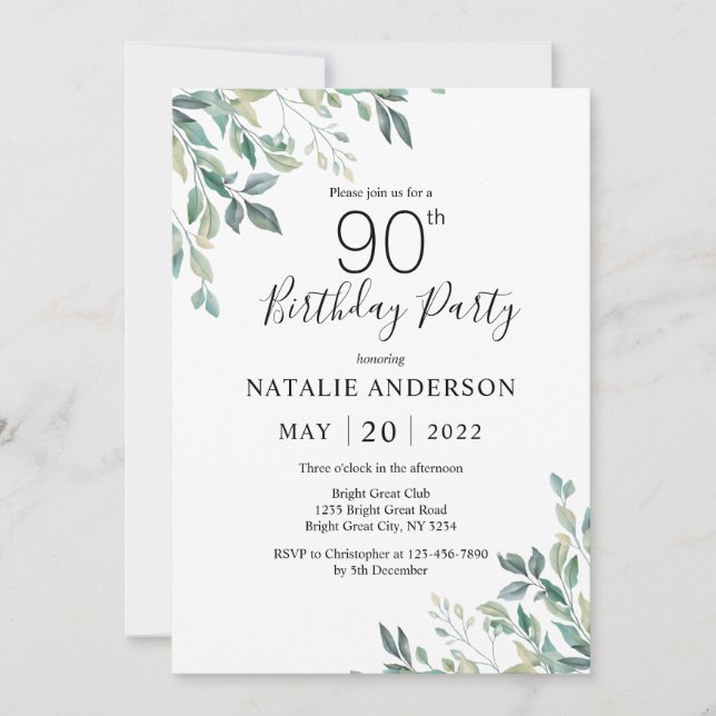 Invitación 90.º Cumpleaños Elegante Eucalipto Verde Verdor (Anverso)