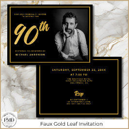Invitación 90.º cumpleaños elegante foto oro negro