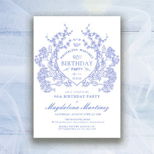 Invitación 90.º cumpleaños Escudo de Floral Azul Vintage fran
