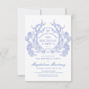 Invitación 90.º cumpleaños Escudo de Floral Azul Vintage fran