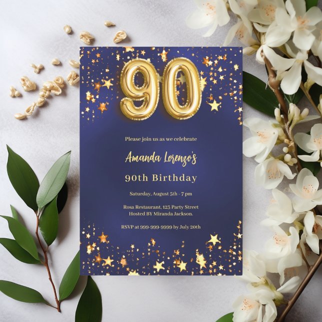 Invitación 90.º cumpleaños estrellas de oro azul marino (Subido por el creador)