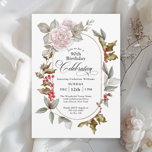 Invitación 90.º cumpleaños Feminine Floral Invierno de diciem (Available in both printed and instant download digital formats.)