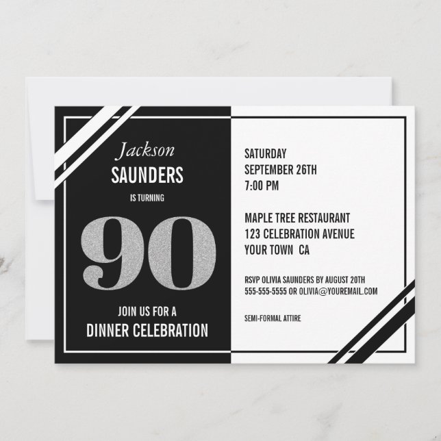 Invitación 90.º cumpleaños Fiesta de cena moderna en blanco y (Anverso)