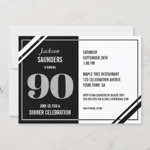 Invitación 90.º cumpleaños Fiesta de cena moderna en blanco y