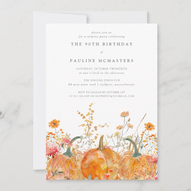 Invitación 90.º cumpleaños Fiesta de sorpresas Calabaza Flor  (Anverso)