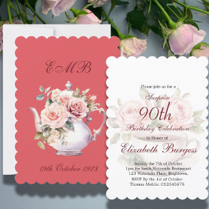 Invitación 90.º cumpleaños Fiesta de té Rosa de flores rosada