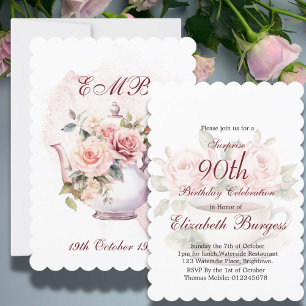 Invitación 90.º cumpleaños Fiesta de té Rosa floral Cumpleaño