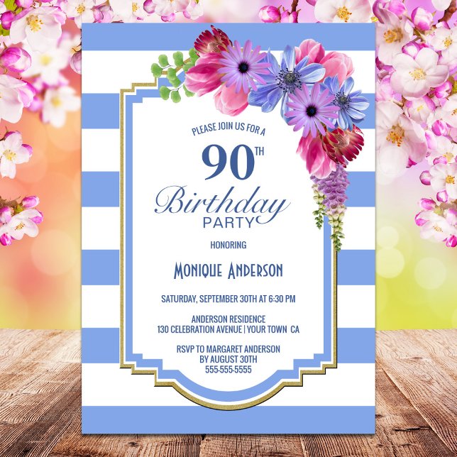 Invitación 90.º cumpleaños Fiesta floral de rayas azules (Subido por el creador)
