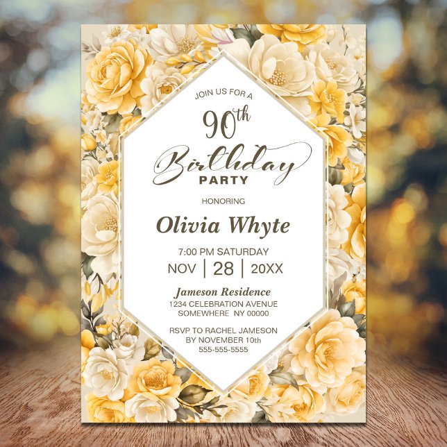 Invitación 90.º cumpleaños Fiesta floral rosa amarilla (Subido por el creador)