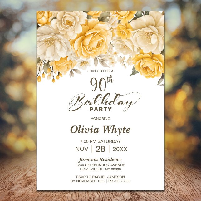 Invitación 90.º cumpleaños Fiesta floral rosa amarilla (Subido por el creador)