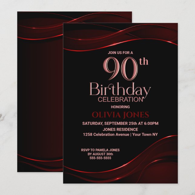 Invitación 90.º cumpleaños Fiesta Rojo Negro (Anverso / Reverso)