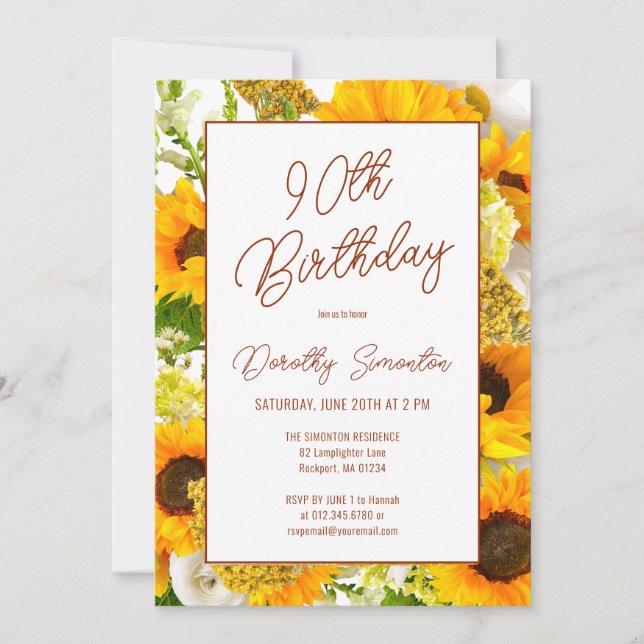 Invitación 90.º cumpleaños Floral de girasol moderno (Anverso)