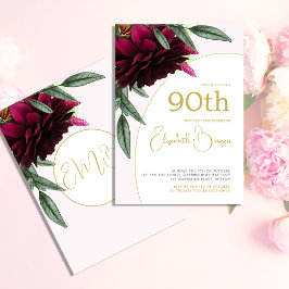 Invitación 90.º Cumpleaños Floral Oro Blanco Elegante Cumplea