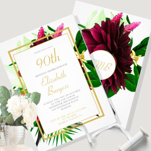 Invitación 90.º Cumpleaños Floral Oro Blanco Elegante Cumplea (Subido por el creador)
