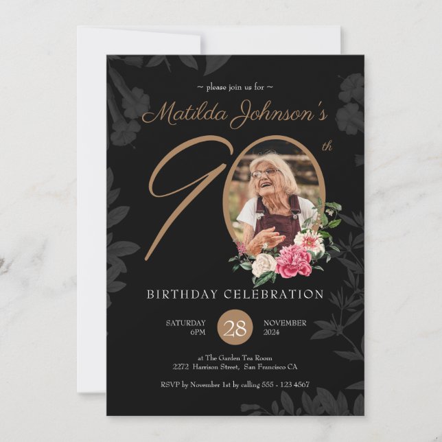 Invitación 90.º cumpleaños Floral Personalizado botánico de o (Anverso)