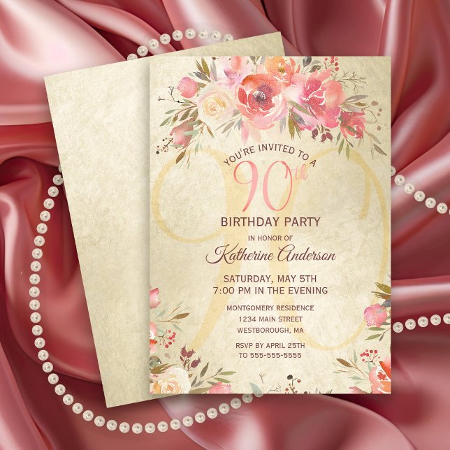 Invitación 90.º cumpleaños Floral Roses rosadas Fiesta de bañ (Elegant 90th Birthday Party Invitation with pink roses and gold shimmer.)