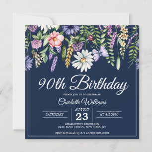 Invitación 90.º cumpleaños Flores salvajes elegante Marina Fl