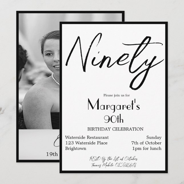 Invitación 90.º cumpleaños Foto Elegante Monograma Cumpleaños (Anverso / Reverso)