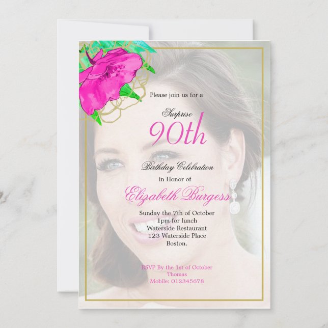 Invitación 90.º cumpleaños Foto Oro rosado Moderno Elegante (Reverso)