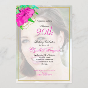 Invitación 90.º cumpleaños Foto Oro rosado Moderno Elegante