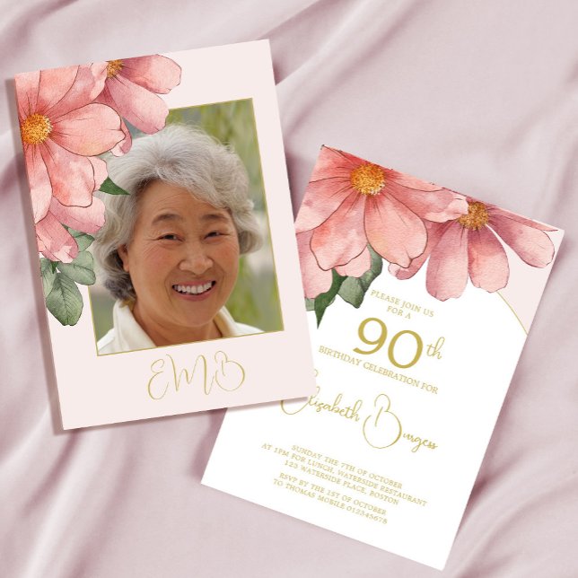 Invitación 90.º cumpleaños Foto Pink Floral Elegante cumpleañ (Subido por el creador)