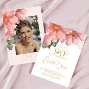 Invitación 90.º cumpleaños Foto Rosa Elegante Cumpleaños Flor