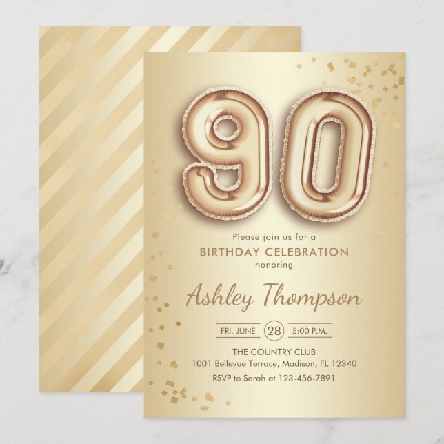 Invitación 90.º cumpleaños - Globos de oro (Anverso / Reverso)
