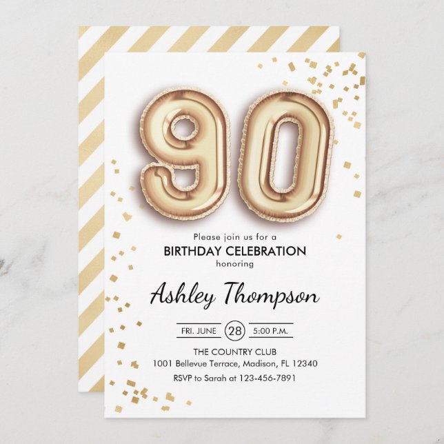 Invitación 90.º cumpleaños - Globos de oro (Anverso / Reverso)