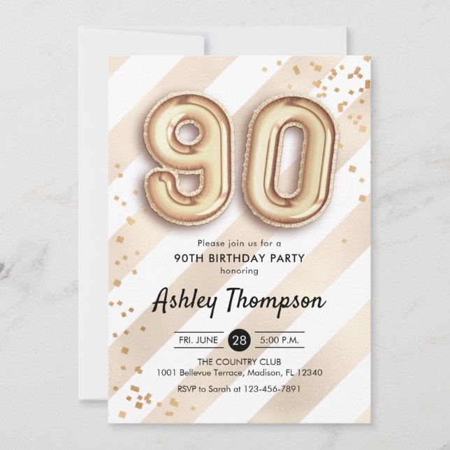 Invitación 90.º cumpleaños - Globos de oro de stripes (Anverso)