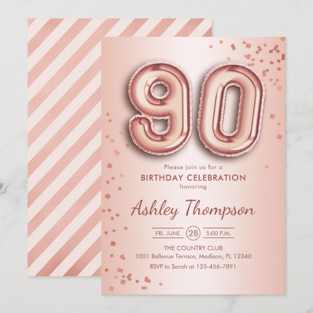 Invitación 90.º cumpleaños - Globos de oro Rosas (Anverso / Reverso)