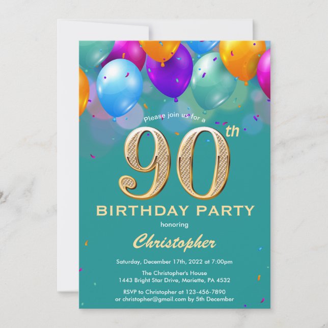 Invitación 90.º cumpleaños Globos Verde azulados y dorados (Anverso)