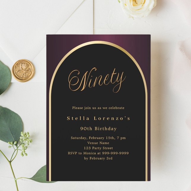 Invitación 90.º cumpleaños guión de arca de oro burdeos negro (Subido por el creador)