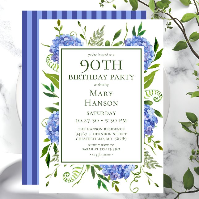 Invitación 90.º cumpleaños Hidrángulos azules acuarela floral (Subido por el creador)