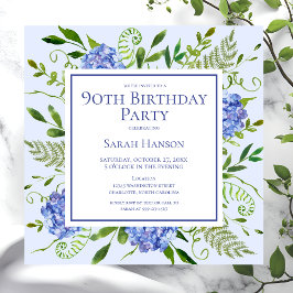 Invitación 90.º cumpleaños Hidrángulos azules acuarela floral