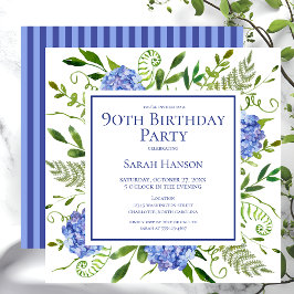 Invitación 90.º cumpleaños Hidrángulos azules acuarela floral