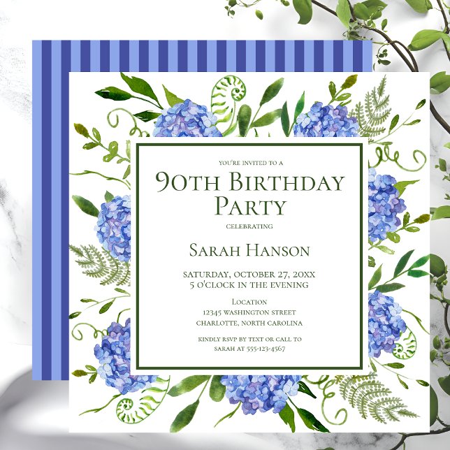 Invitación 90.º cumpleaños Hidrángulos azules acuarela floral (Subido por el creador)