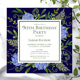 Invitación 90.º cumpleaños Hidrángulos azules acuarela floral