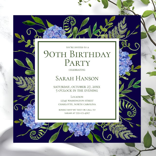 Invitación 90.º cumpleaños Hidrángulos azules acuarela floral (Subido por el creador)