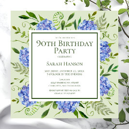 Invitación 90.º cumpleaños Hidrángulos azules acuarela floral