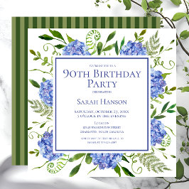 Invitación 90.º cumpleaños Hidrángulos azules acuarela floral