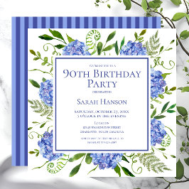 Invitación 90.º cumpleaños Hidrángulos azules acuarela floral