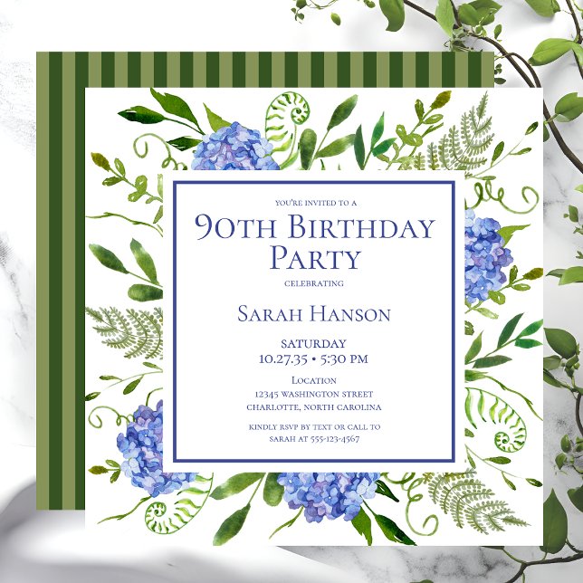 Invitación 90.º cumpleaños Hidrángulos azules acuarela floral (Subido por el creador)