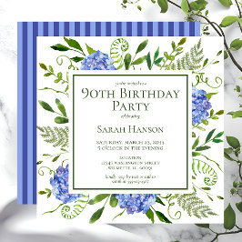 Invitación 90.º cumpleaños Hidrángulos azules acuarela floral