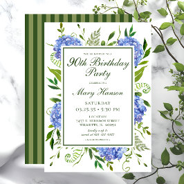 Invitación 90.º cumpleaños Hidrángulos azules acuarela floral