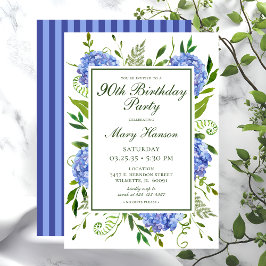 Invitación 90.º cumpleaños Hidrángulos azules acuarela floral