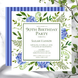 Invitación 90.º cumpleaños Hidrángulos azules acuarela floral