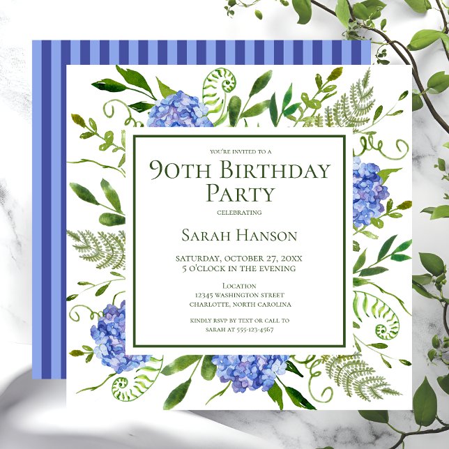 Invitación 90.º cumpleaños Hidrángulos azules acuarela floral (Subido por el creador)