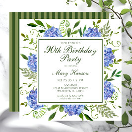 Invitación 90.º cumpleaños Hidrángulos azules acuarela floral